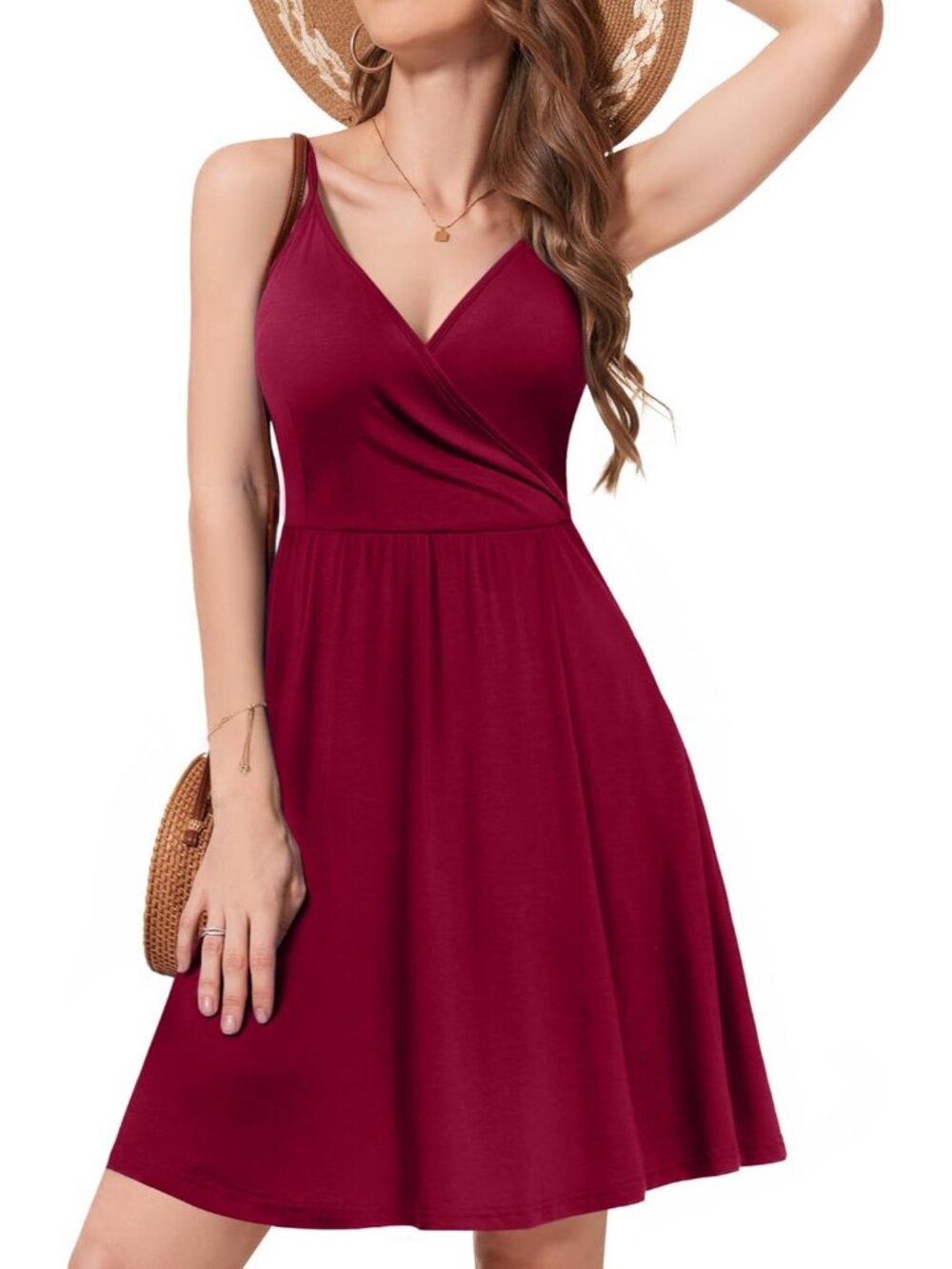 Women's Red Summer Dress Floral Spaghetti Strap Sleeveless V-Neck Casual Dress